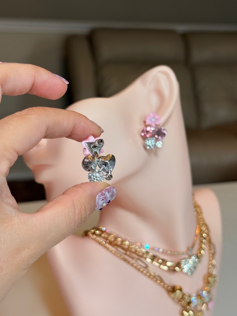 Pink Flower Cluster Crystal Stud Earrings - Picture 8 of 12